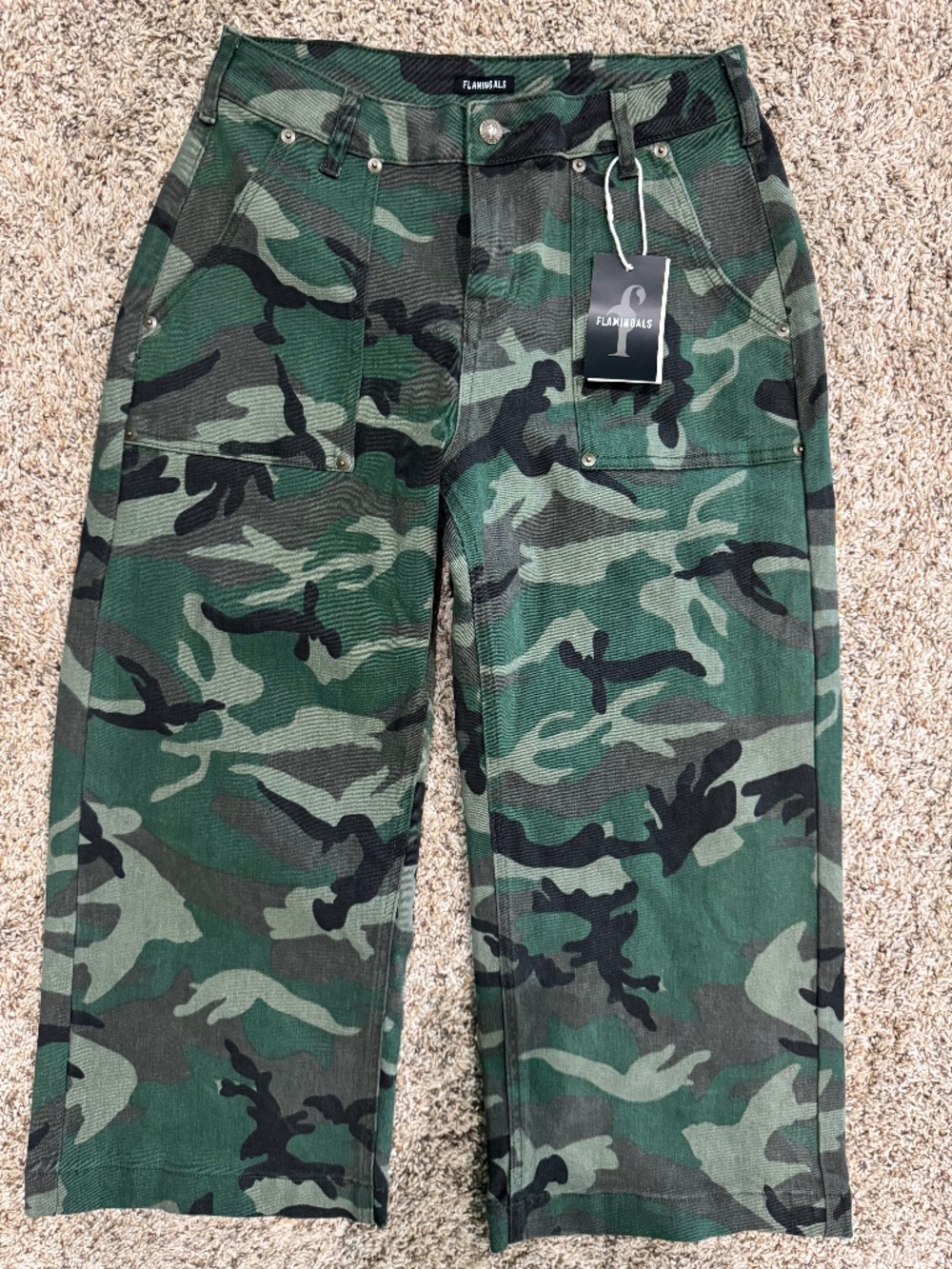 Flamingals Camo Print Mid Waist Flare Leg Crop Pants medium-NEW WITH TAGS